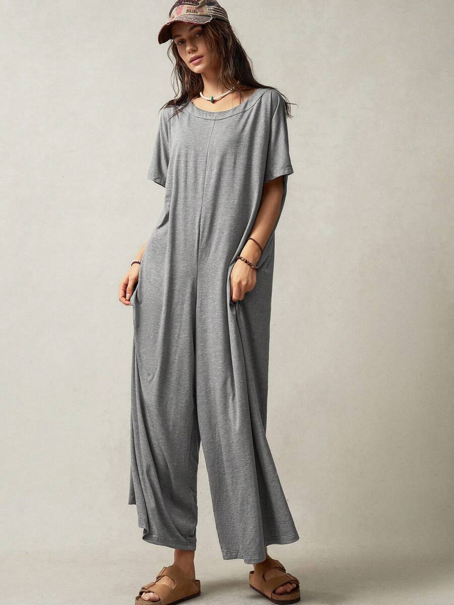 Bohemela Women's Solid Color Casual Wide Leg Jumpsuit - Light Grey - View 1