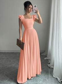 Vestido de verano de mujer con cuello cuadrado, cintura plisada y bajo plisado, de unicolor y elegante - Naranja - Ver 5