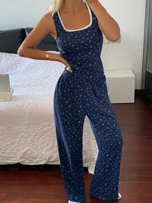 DAZY 2pcs/Set Women Ditsy Floral Pajama Set - Navy Blue - View 3