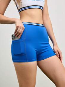 SHEIN Cheerettes Pantalones cortos deportivos de verano con estampado de rayas, cintura elástica y bolsillos - Azul y blanco - Ver 1