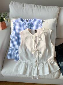 Comfortcana 2 件女式夏季格子衬衫和白色衬衫，节日套装 - 藍白色 - 查看 6