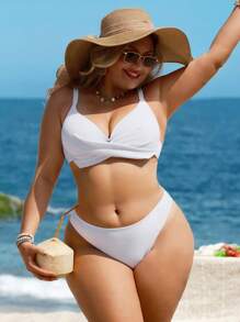 SHEIN Swim Curve Plus Size Women's Simple Solid Crisscross Front Tie Up Backless White Bikini Set, Suitable For Beach Holiday For Summer Beach Vacation