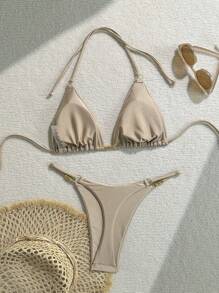 Swim Mod Women Summer Beach Metal Decoration Round Ring Sexy Bikini Set - Khaki - View 2