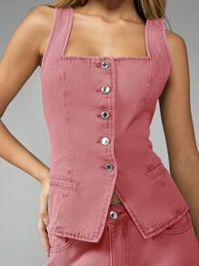 MISSGUIDED صدرية علوية جينز كاجوال ذات وحي غربي بأزرار أمامية وياقة مربعة بلا أكمام، بتصميم كورسيه، للربيع والخريف - وردي - مشاهدة 3