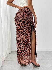 Gloray Women's Chiffon Leopard Print Drawstring Slit Elegant Skirt Fall Cloth For Women - Orange - View 3