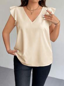 Firerie Plus Size Elegant Commuting Women's V-Neck Flutter Sleeve Red Festive Simple Summer Shirt, Teacher Summer Shirt - Apricot - View 5