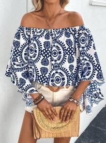 Breezaya 满版印花露肩休闲夏日度假衬衫