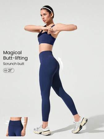 GLOWMODE טייץ חלק 21 אינץ' עם מותן גבוה ותמיכה בטן, ריצה, ג'וגינג, אימון, חדר כושר, אימון