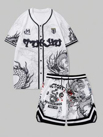 Street Life Men's Japan Style Dragon Pattern Baseball Uniform Set, , Baseball Jacket With Shorts