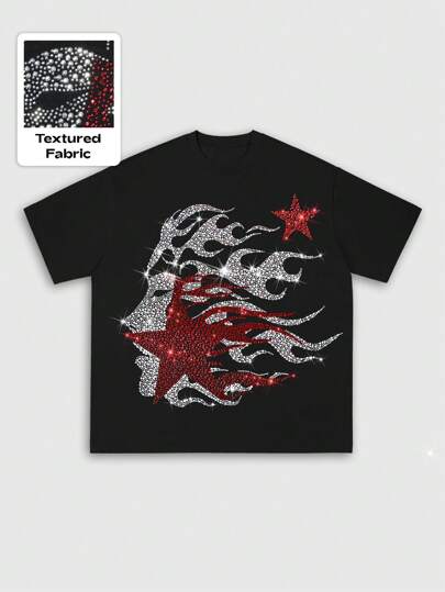 Street Life Men's Fashion Rhinestone Embellished Street Style Short Sleeve T-Shirt, Summer, Rave