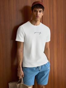 SWAVVY Hombres con estampado de letra Camiseta & de cintura con cordón Shorts