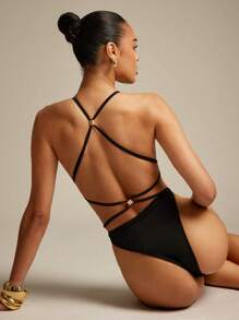 Hauture Bộ đồ liền thân không tay hở lưng dây mảnh màu trơn cho nữ mùa hè - màu đen - Xem 1