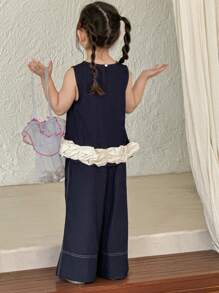 DAZY Young Girls Round Neck 2 In 1 Flower Bud Sleeveless Shirt + Loose Casual Denim Suit,Girls Summer Outfits - Royal Blue - View 7