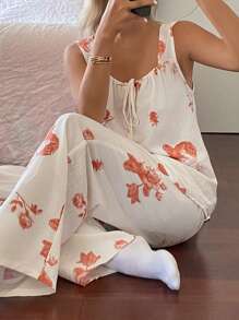 DAZY Bộ đồ ngủ in họa tiết toàn thân phong cách Trung Hoa, áo không tay nhẹ, cổ thắt nơ và quần ống đứng, quần áo trở lại trường - Đỏ - Xem 5