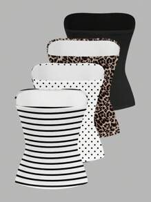 SHEIN EZwear 4件套女士休闲樱桃红、条纹、豹纹性感百搭抹胸露脐上衣，无肩带露脐上衣，夏季抹胸上衣，3件装，夏季无肩带沙滩装，适合外出穿着 - 彩色 - 查看 2