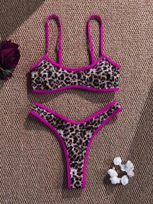 Swim Vcay 女士时尚性感微型比基尼两件套，双肩带聚拢工艺豹纹百搭性感比基尼泳装