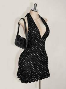 SHEIN ICON Plus Size Deep V-Neck Black & White Polka Dot Casual Vacation Vintage Mini Dress, Summer Dress For Women, Summer Vacation, Back To School Clothes,Summer Dresses For Women,Wedding Guest Dress Women - Black and White - View 4