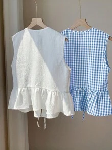 Comfortcana 2 件女式夏季格子衬衫和白色衬衫，节日套装 - 藍白色 - 查看 2