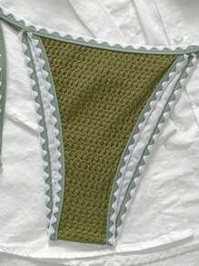 Swim Vcay 女士夏季沙滩两件套比基尼套装，纯色提花面料，流苏和肩部系带细节 - 綠色 - 查看 6