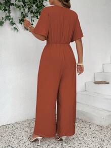 SHEIN Clasi Fashionable Casual Retro V-Neck Cinched Waist Jumpsuit - Orange - View 2