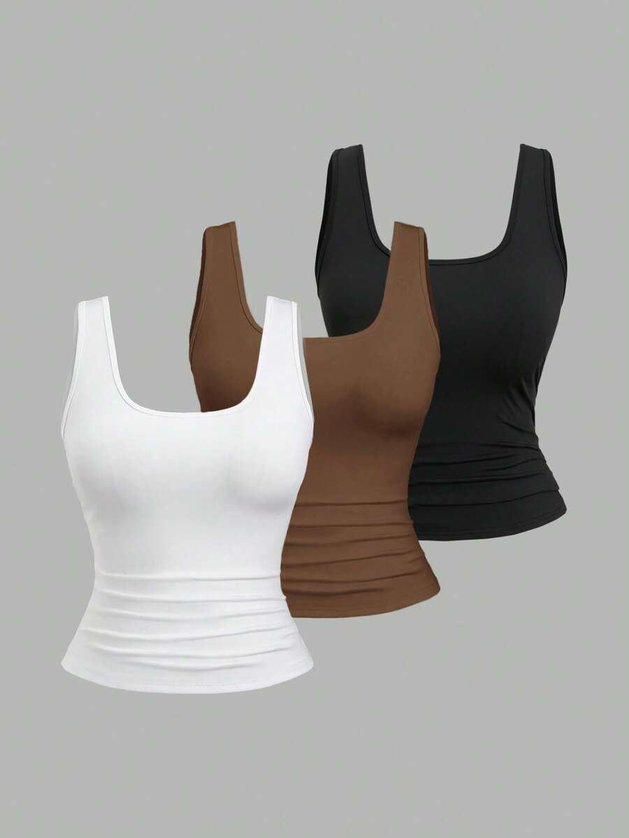 Sweetra Camiseta sin mangas casual con escote cuadrado y pliegues para mujeres de talla grande en verano