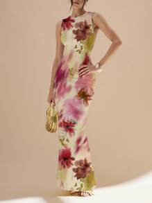 SHEIN Glamour Vestido ajustado sin mangas con estampado floral, elegante y cómodo, adecuado para vacaciones de verano y ocio - Blanco - Ver 4