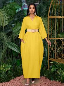 SOLERSUN 女士时尚 V 领宽松蝙蝠袖无腰带连衣裙，适合假日长款女装 - 黃色 - 查看 3