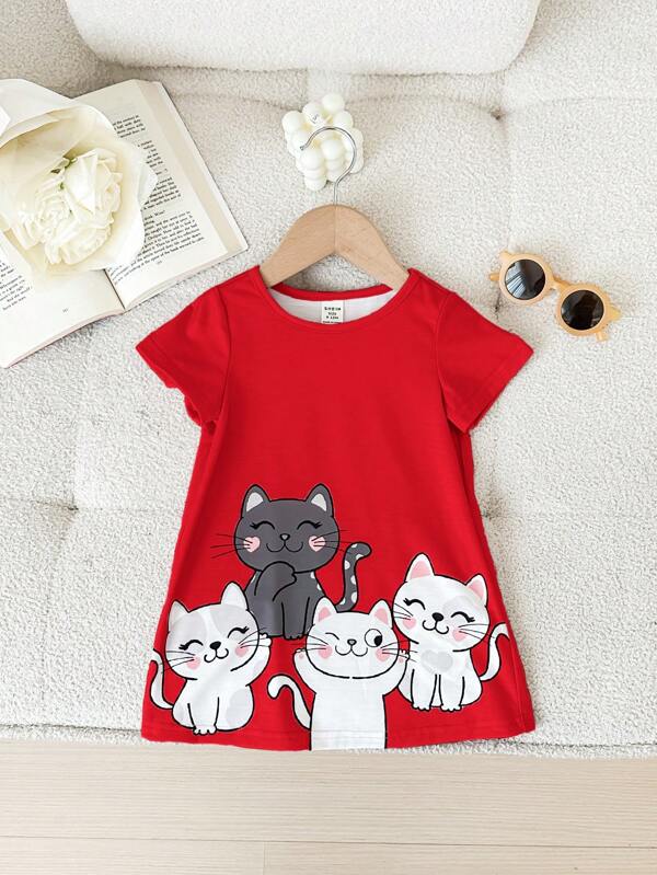 Vestido de manga corta con lindo estampado de dibujos animados rojos para niñas, primavera/verano