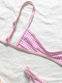 Swim Mod 2件套女士夏季格纹随机印花细肩带性感粉色比基尼套装 - 粉色 - 查看 3