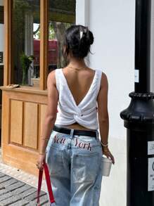 Muchica Damen 4. Juli Sommer V-Ausschnitt ärmellose Strickoberteil mit USA Flaggenmuster, amerikanische Flagge Top