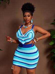 Slaydiva 1 set Femme grande taille Top en crochet style bohème et mini-jupe à franges tricotée