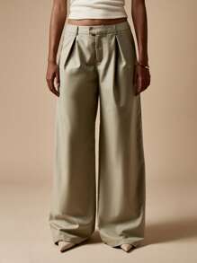 MISSGUIDED Pleated Wide Leg Dress Pants Professional Office Work Trousers Palazzo Style Business Formal Wear - Green - View 1