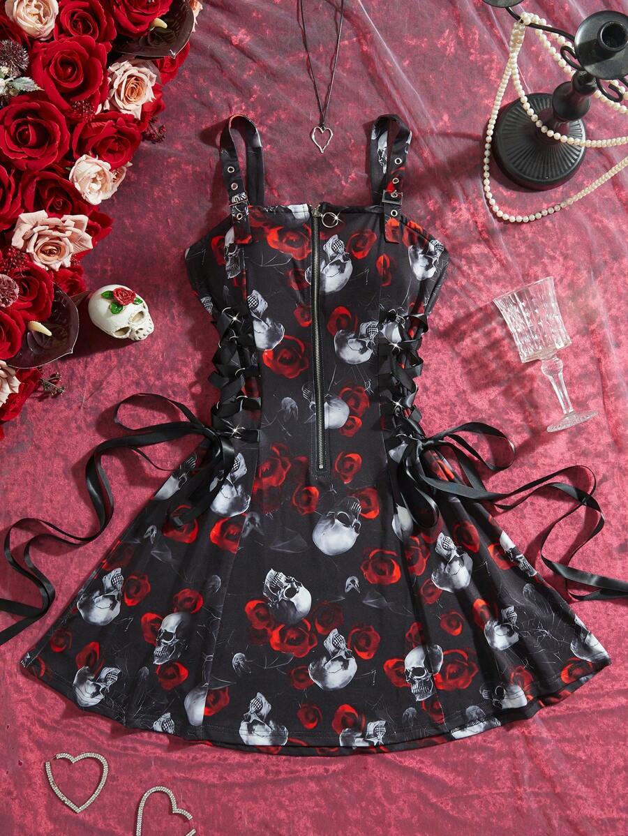 INAWLY 女士时尚无袖印花中长连衣裙，适合夏季 - 黑色 - 查看 1