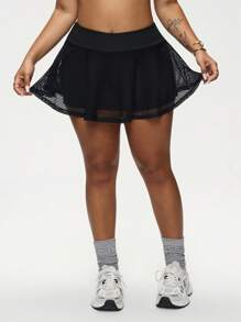 Easithlete Plus Size Summer Bow Mesh Patchwork Knit Drawstring Waist Dress With Pockets - Black - View 5