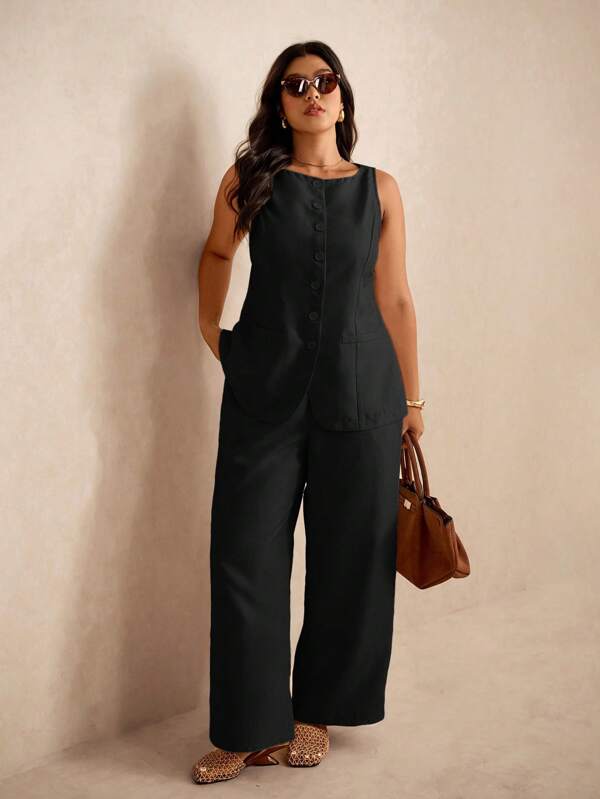 Elaquor Ținută casual plus size din 3 piese: vestă, cămașă și pantaloni drepți
