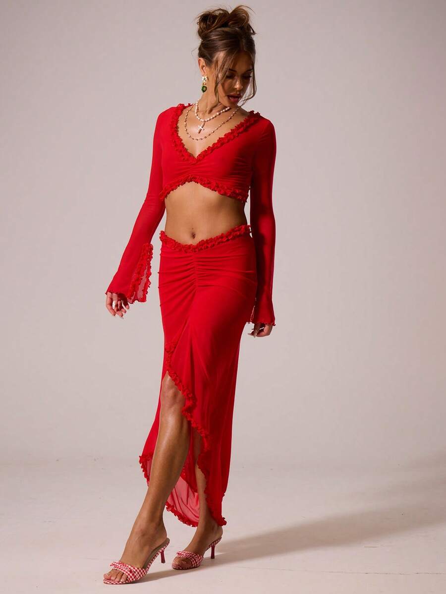 MUSERA 深V领褶皱胸前荷叶边下摆长袖露脐上衣和中长裙套装，适合夏季、婚礼宾客、生日派对、俱乐部、性感优雅的秋季夜生活、外出约会、春季等场合。 - 紅色 - 查看 1