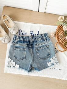 Quần short denim xanh cho bé gái có viền ren hoa, trang phục thường ngày cho kỳ nghỉ mùa xuân và mùa hè ở nông thôn - Rửa nhẹ - Xem 2