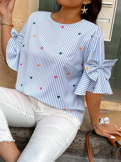 Elegantrix Blusa feminina plus size casual de verão listrada e com estampa de coração