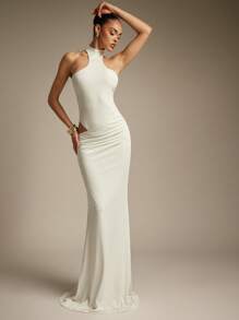 Hauture Damen sexy, lässiger Sommer Maxirock aus dehnbarem Jersey mit Rüschen an der Seite, Meerjungfrauen-Stil, weiß