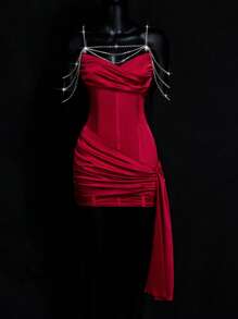 SHEIN ICON 女士红色优雅紧身迷你连衣裙，配有腰部荷叶边腰带 - 紅色 - 查看 3