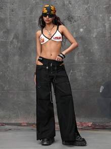 ROMWE Grunge Punk Y3K 功能风格侧金属扣金属链工装裤 - 黑色 - 查看 1