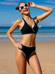 Teen Girls Solid Color Knit Shell Embroidery Bikini Sets, Fashionable & Casual Summer Two Pieces Swimwear - Black - View 1