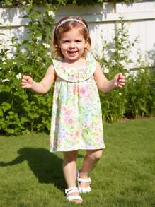 SHEIN Baby Girl Sleeveless Simple Fashion Floral Print Chiffon Bodysuit For Summer