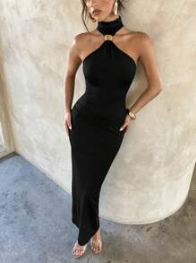 Aloruh 女士优雅性感金属扣装饰镂空修身黑色针织弹力连衣裙 - 黑色 - 查看 7