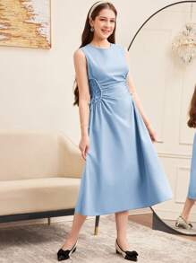 Elegante vestido largo de cuello redondo con fruncido en la cintura, cruce lateral y frenillo de una sola pieza, para chicas adolescentes, para noche de cita - Azul - Ver 5