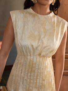 ZEYLAH Elegant Round Neck Pleated Jacquard Long Dress - Beige - View 2