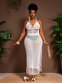 Slaydiva White Summer Boho Silky Beach Holiday Ladies Plus Size Knit 2-Piece Set,Halter Neck Backless Tie-Up Knitted Top&Long Fringe High Slit Maxi Skirt - White - View 5