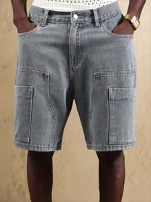 SUMWON Quần short denim kiểu thợ mộc, quần áo công sở, quần áo rộng rãi, quần áo thường ngày, nhiều túi, quần áo dài đến đầu gối, kiểu dáng thoải mái, rách rưới - Màu xanh lam - Xem 7
