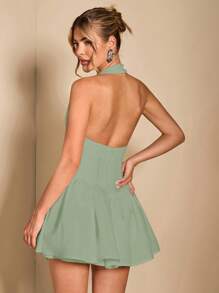 SHEIN BAE Solid Color Square Neck Backless Square Collar Pleated Mini Dress Backless Dress Bubble Sleeveless Dresses Summer - Mint Green - View 2