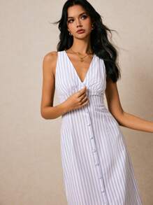 Poéselle Women Vertical Striped V-Neck Sleeveless Single-Breasted Mid-Length Dress, Summer, Going Out - Blue and White - View 4